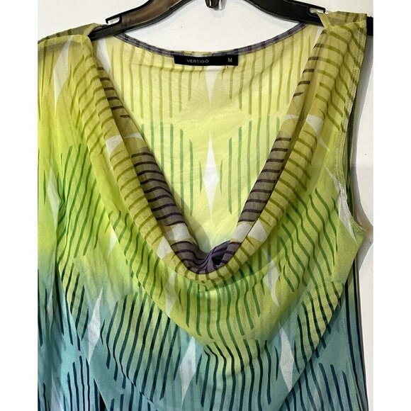 New Vertigo Blue Lime One Sleeve Draped V-Neck Chiffon Blouse Top - Picture 3 of 5